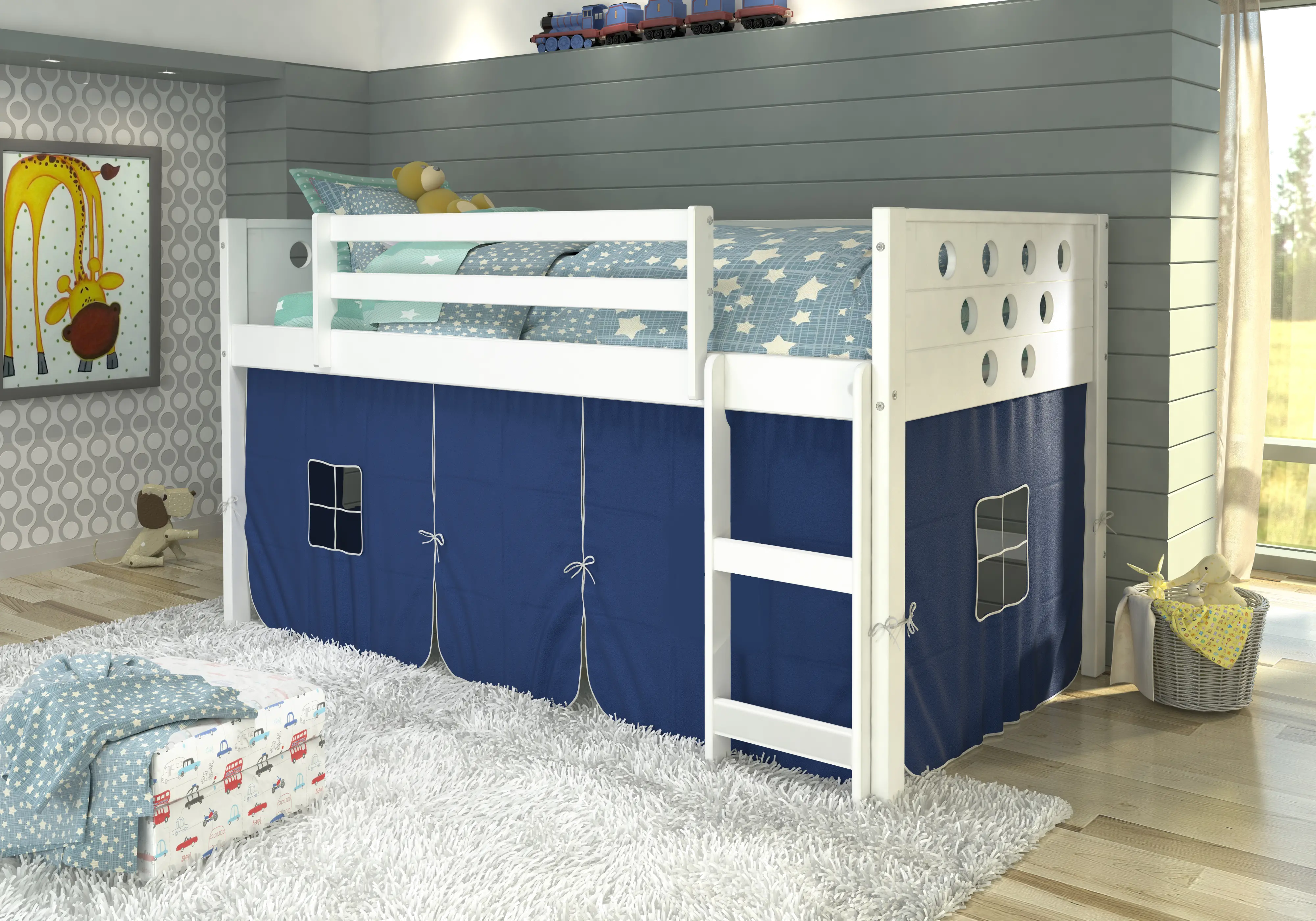 Boston White Twin Loft Bed with Blue Tent