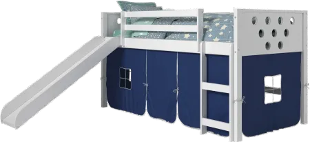 Boston White Twin Loft Bed with Blue Tent and Slide