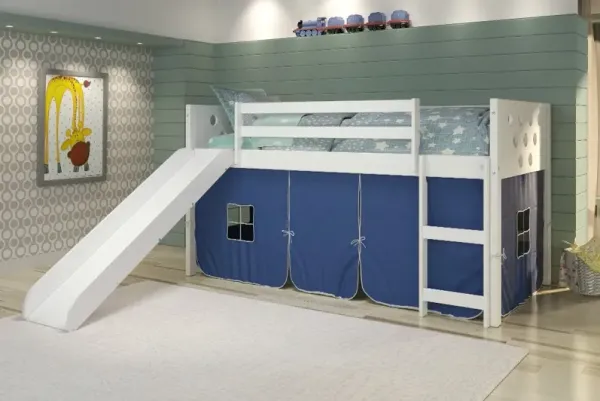 Boston White Twin Loft Bed with Blue Tent and Slide