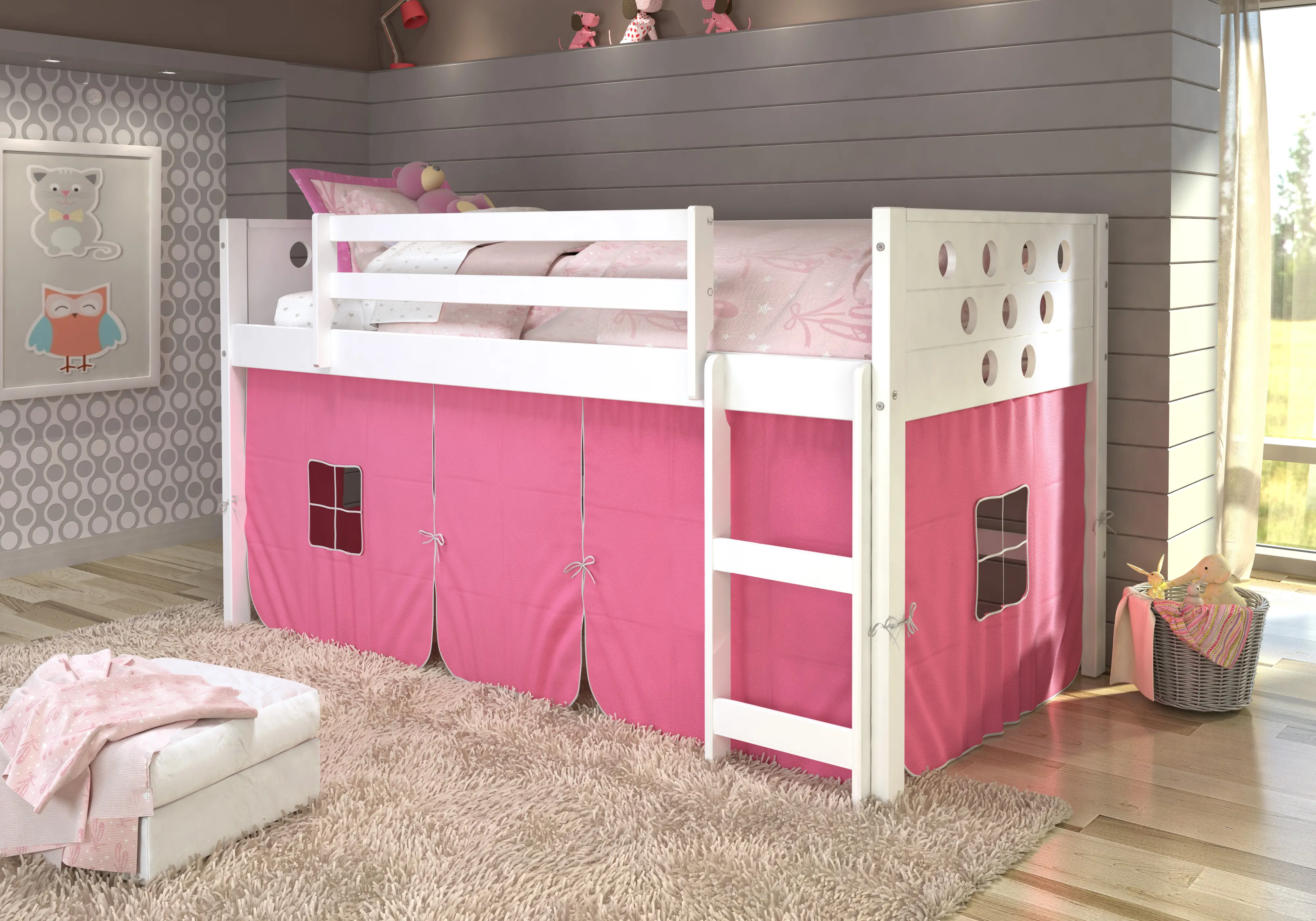 Boston White Twin Loft Bed with Pink Tent