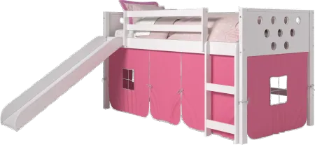 Boston White Twin Loft Bed with Pink Tent and Slide