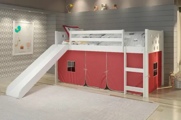Boston White Twin Loft Bed with Red Tent and Slide