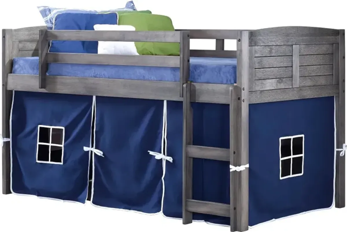 Louver Antique Gray Twin Loft Bed with Blue Tent