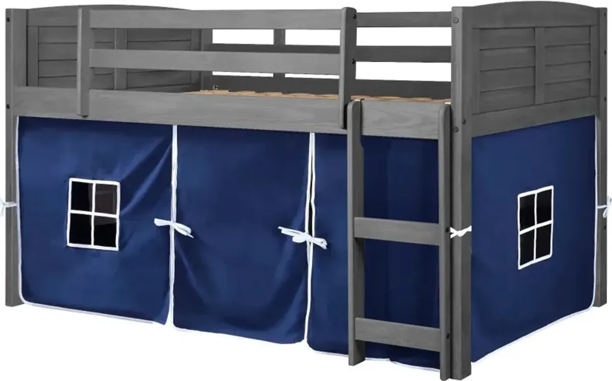 Louver Antique Gray Twin Loft Bed with Blue Tent