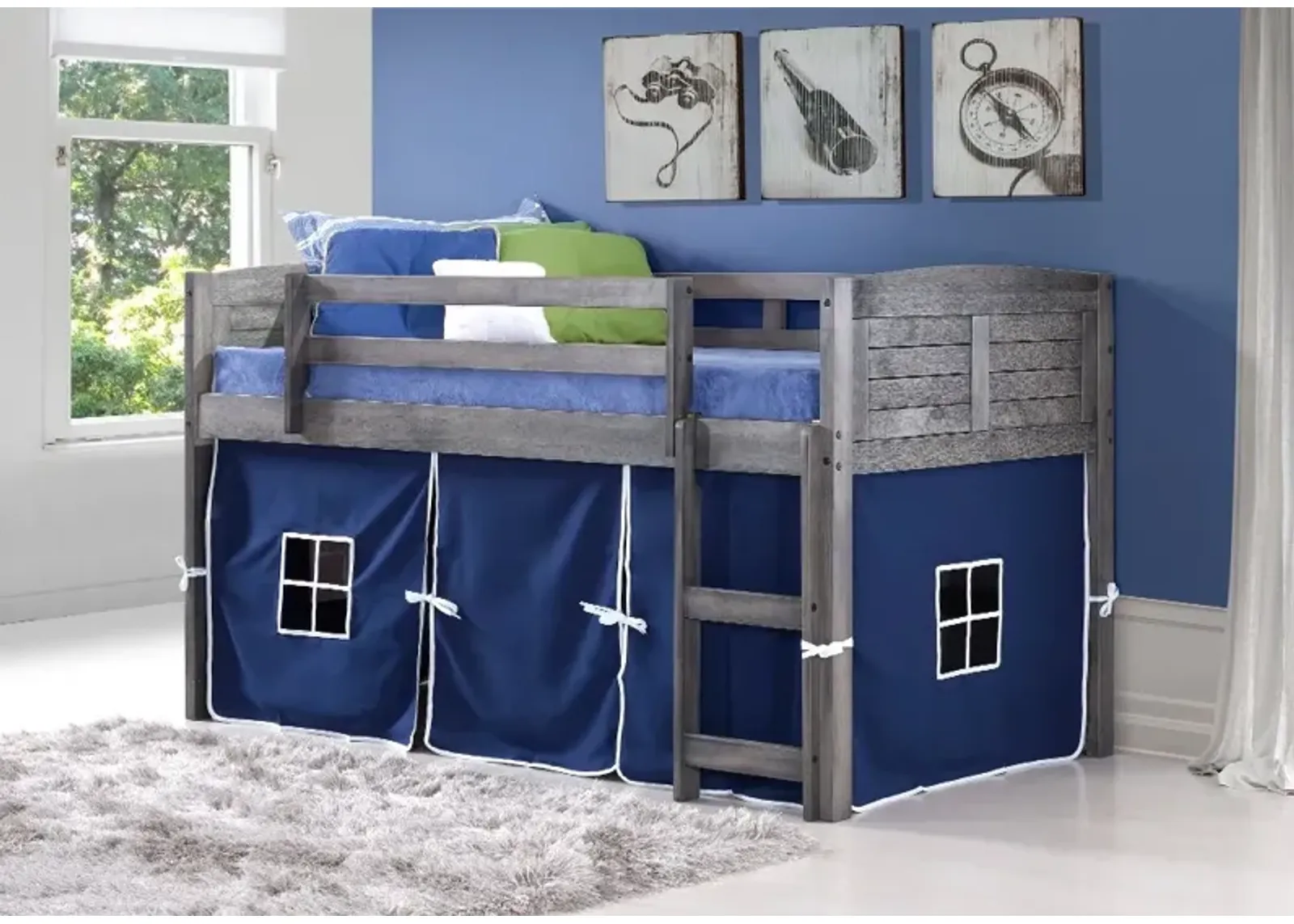 Louver Antique Gray Twin Loft Bed with Blue Tent