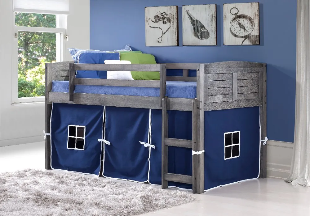 Louver Antique Gray Twin Loft Bed with Blue Tent