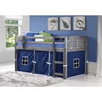 Louver Antique Gray Twin Loft Bed with Blue Tent