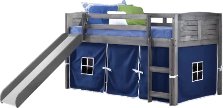 Louver Antique Gray Twin Loft Bed with Blue Tent and Slide