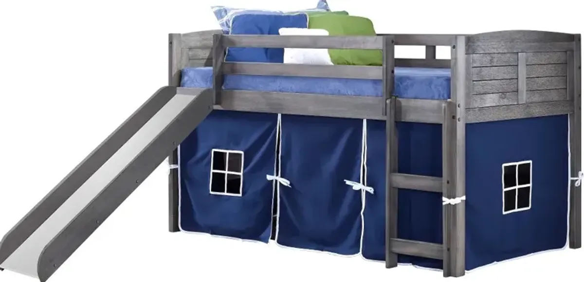 Louver Antique Gray Twin Loft Bed with Blue Tent and Slide