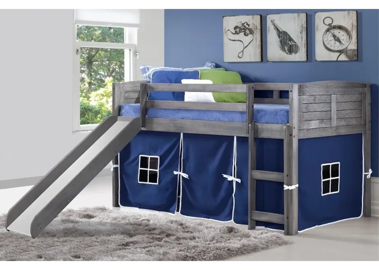 Louver Antique Gray Twin Loft Bed with Blue Tent and Slide