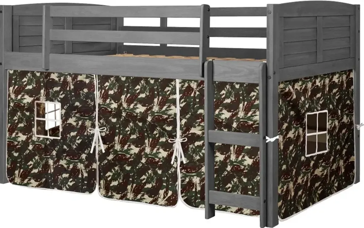 Louver Antique Gray Twin Loft Bed with Camo Tent