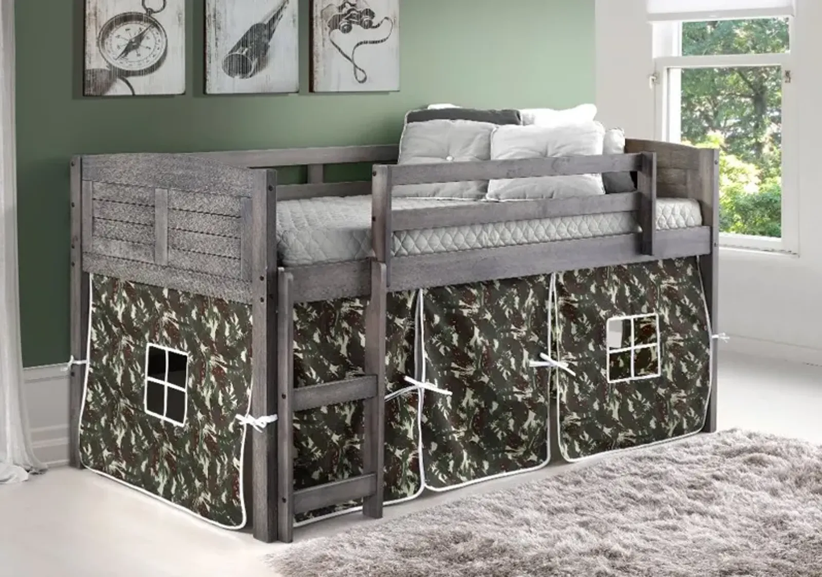 Louver Antique Gray Twin Loft Bed with Camo Tent