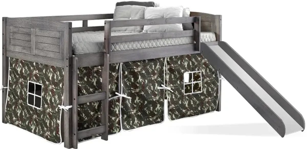 Louver Antique Gray Twin Loft Bed with Camo Tent and Slide