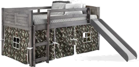 Louver Antique Gray Twin Loft Bed with Camo Tent and Slide