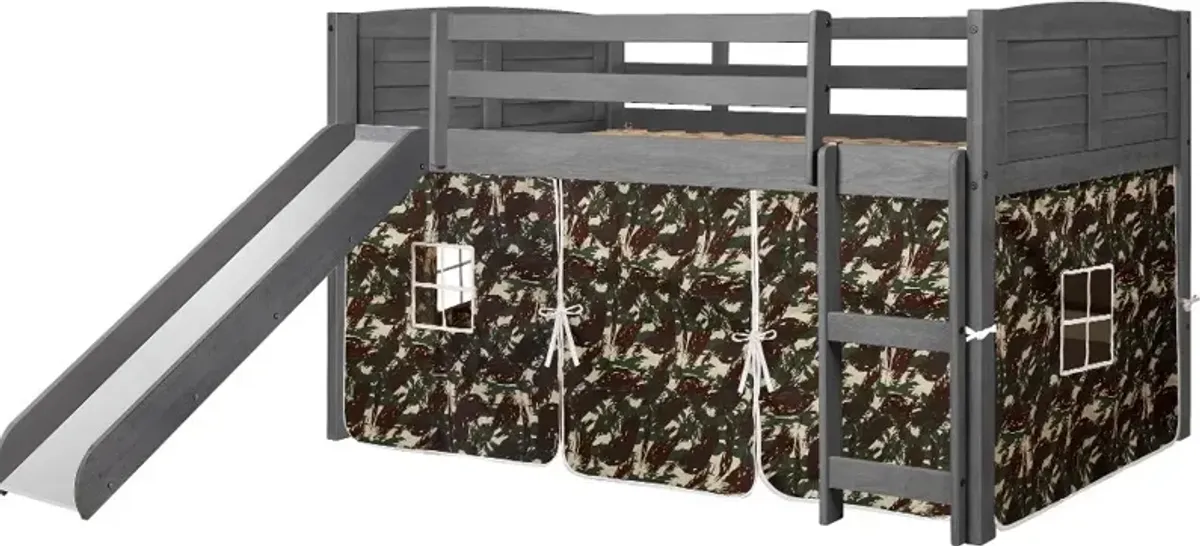 Louver Antique Gray Twin Loft Bed with Camo Tent and Slide