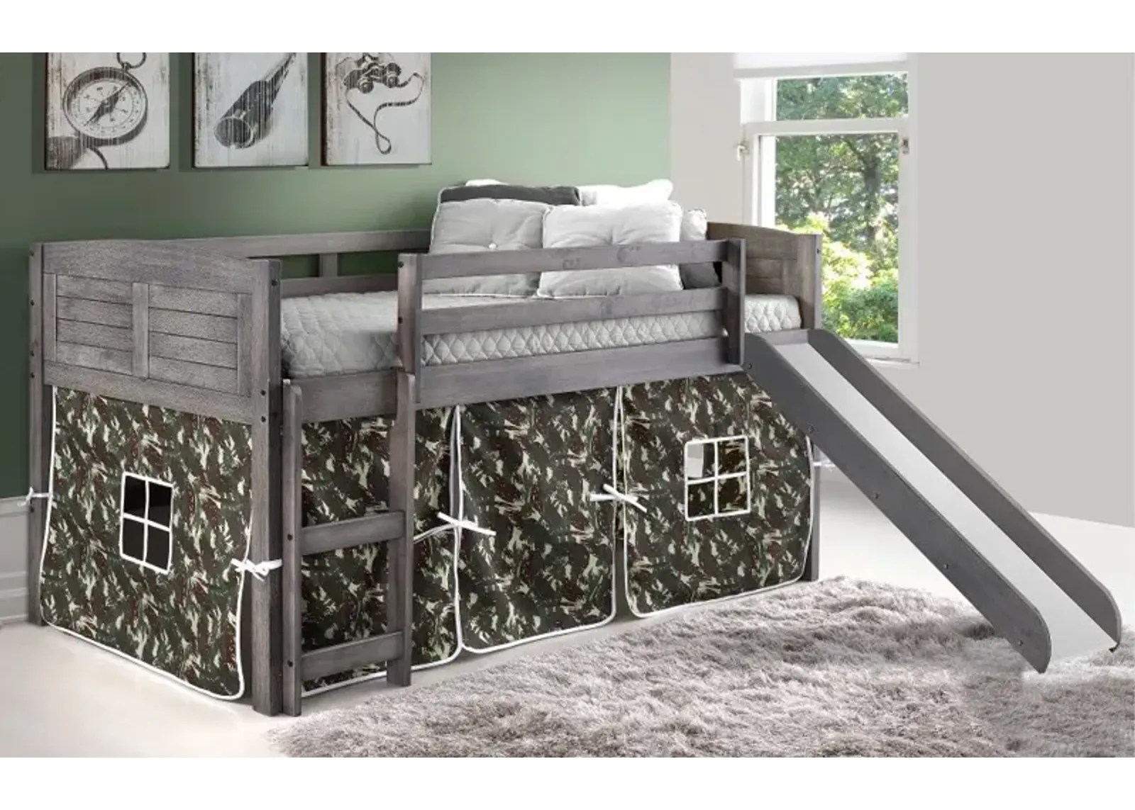 Louver Antique Gray Twin Loft Bed with Camo Tent and Slide