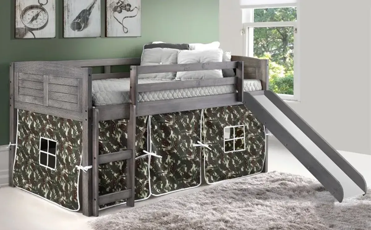 Louver Antique Gray Twin Loft Bed with Camo Tent and Slide