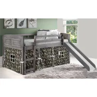 Louver Antique Gray Twin Loft Bed with Camo Tent and Slide