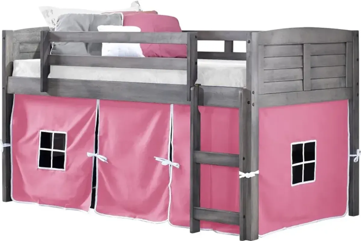 Louver Antique Gray Twin Loft Bed with Pink Tent