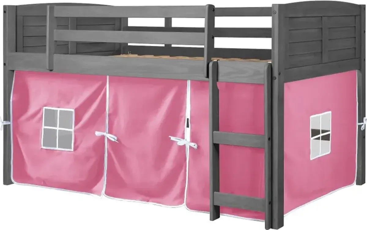 Louver Antique Gray Twin Loft Bed with Pink Tent