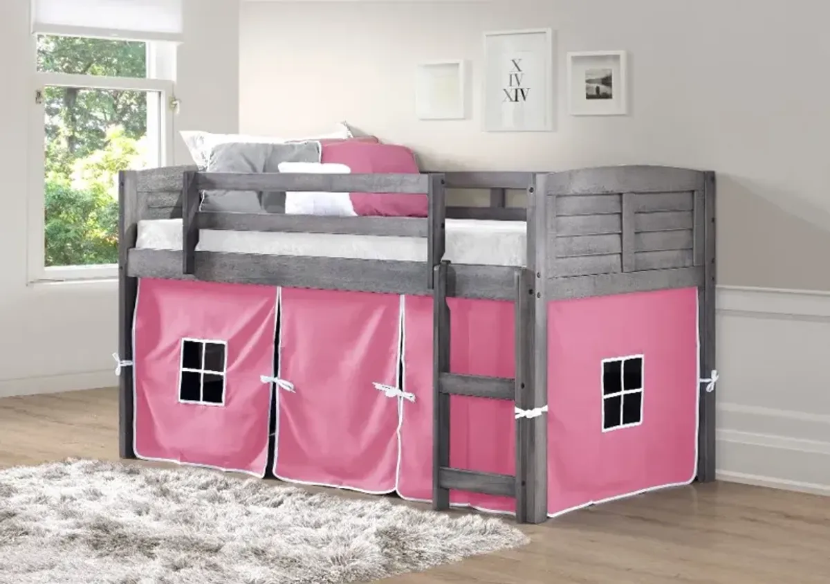 Louver Antique Gray Twin Loft Bed with Pink Tent