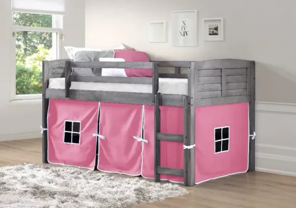 Louver Antique Gray Twin Loft Bed with Pink Tent