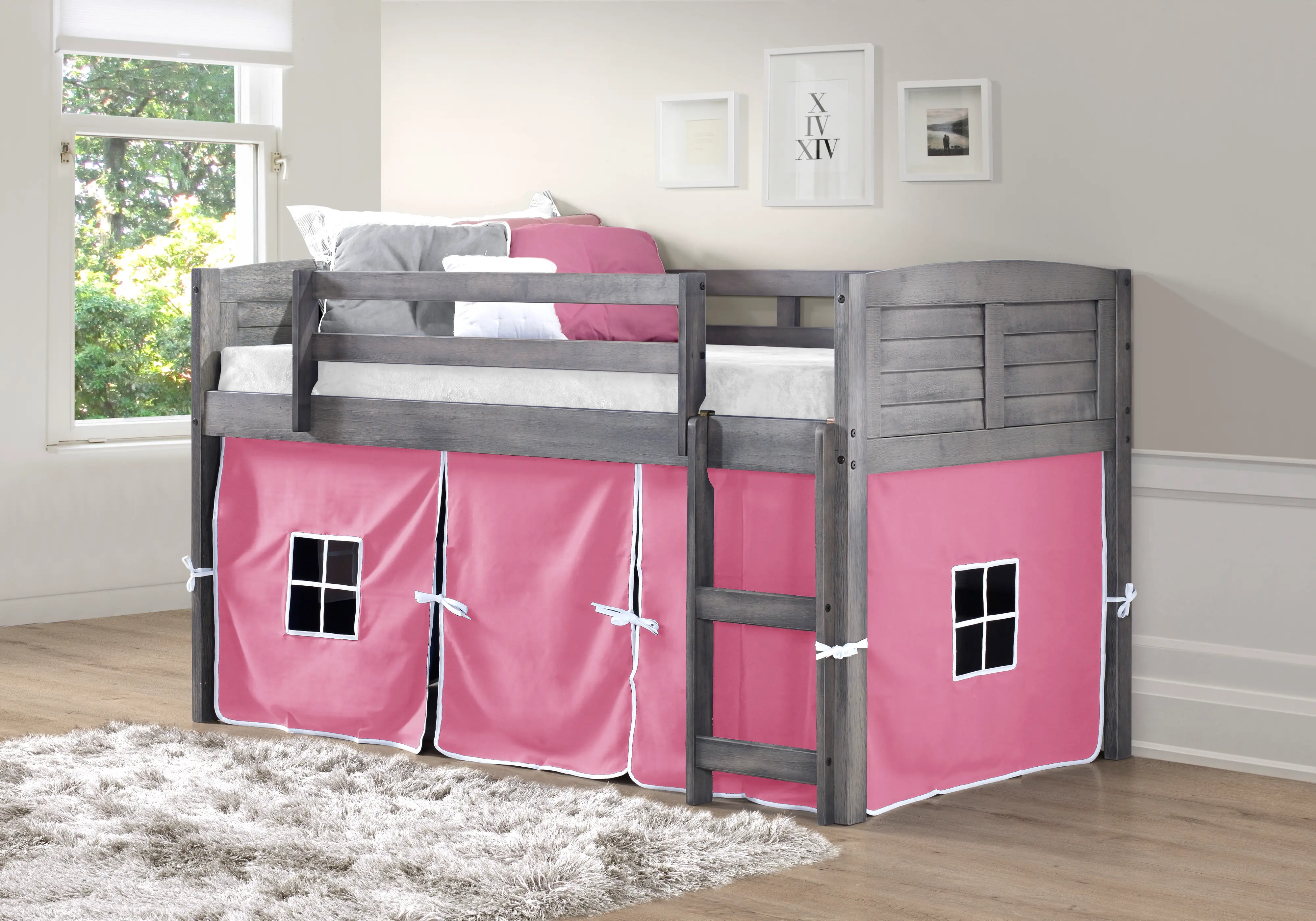 Louver Antique Gray Twin Loft Bed with Pink Tent