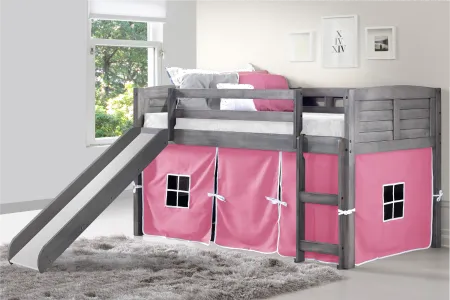 Louver Antique Gray Twin Loft Bed with Pink Tent and Slide