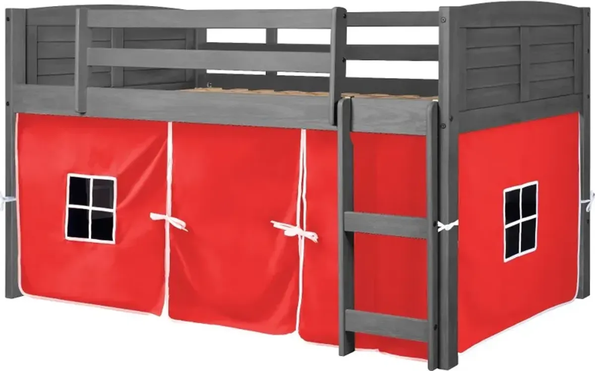 Louver Antique Gray Twin Loft Bed with Red Tent