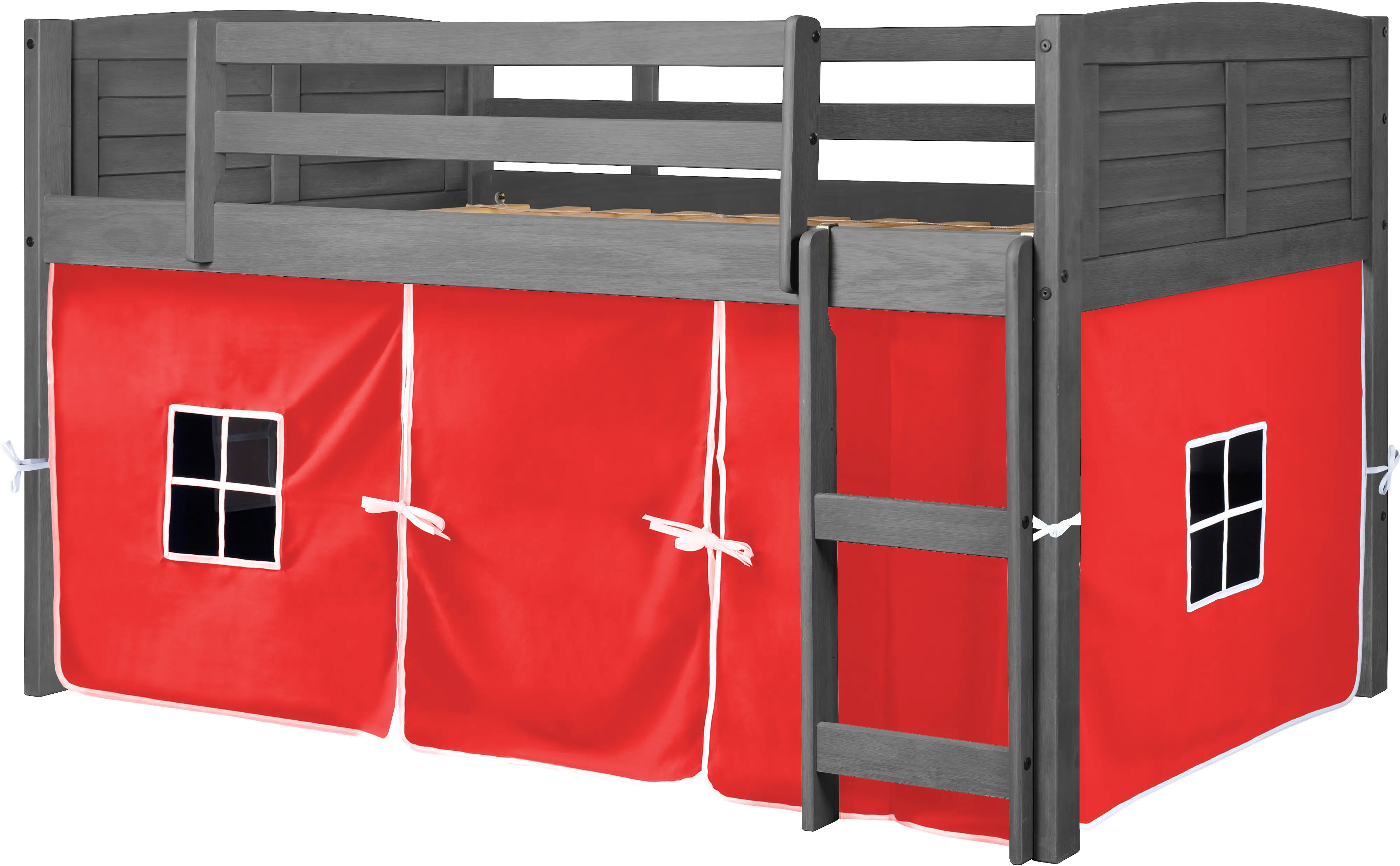 Louver Antique Gray Twin Loft Bed with Red Tent