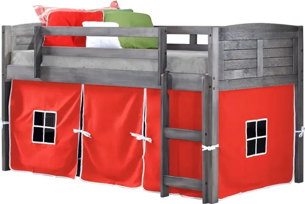 Louver Antique Gray Twin Loft Bed with Red Tent