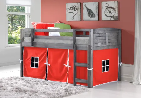 Louver Antique Gray Twin Loft Bed with Red Tent