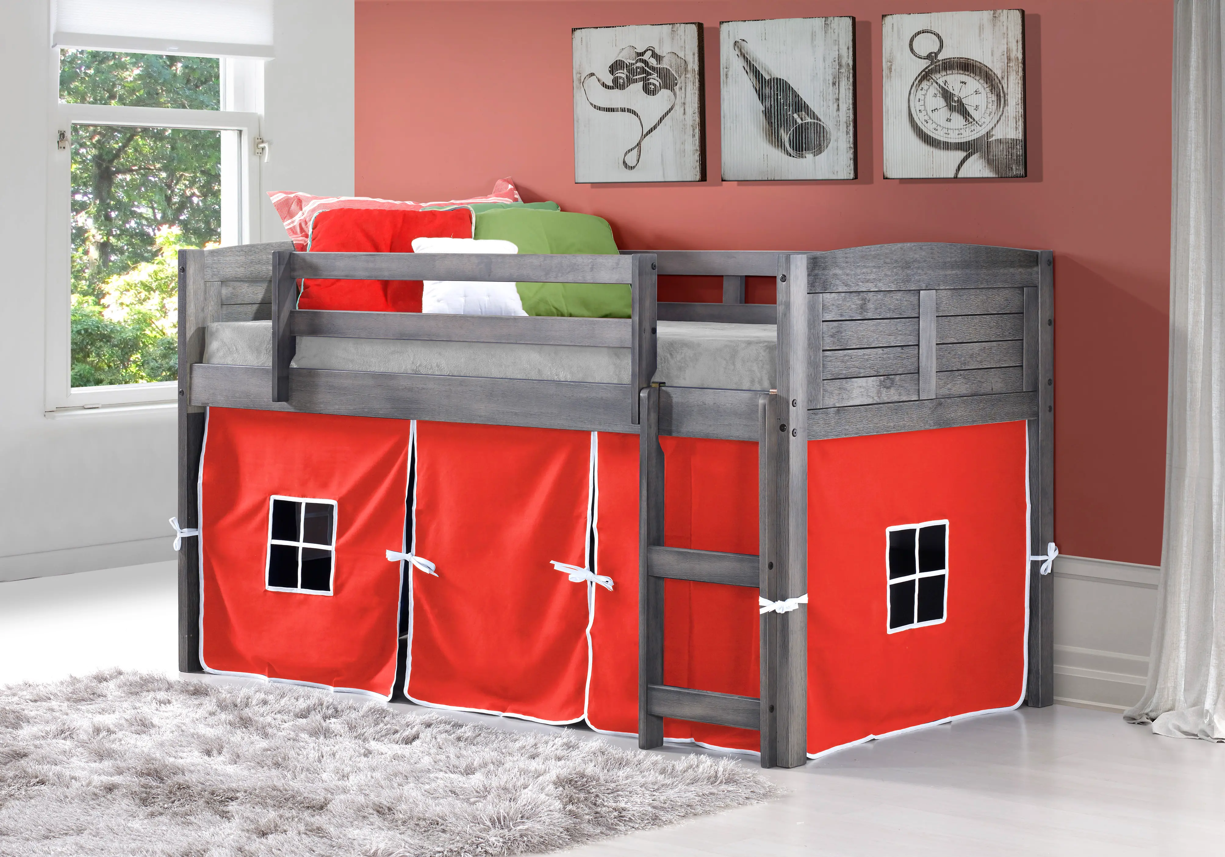 Louver Antique Gray Twin Loft Bed with Red Tent