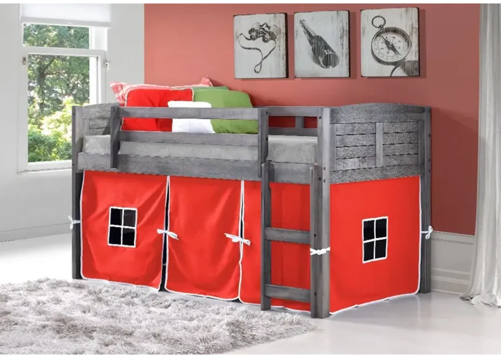 Louver Antique Gray Twin Loft Bed with Red Tent