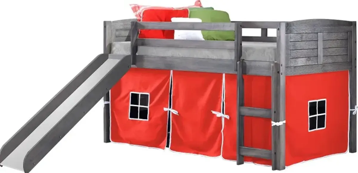 Louver Antique Gray Twin Loft Bed with Red Tent and Slide