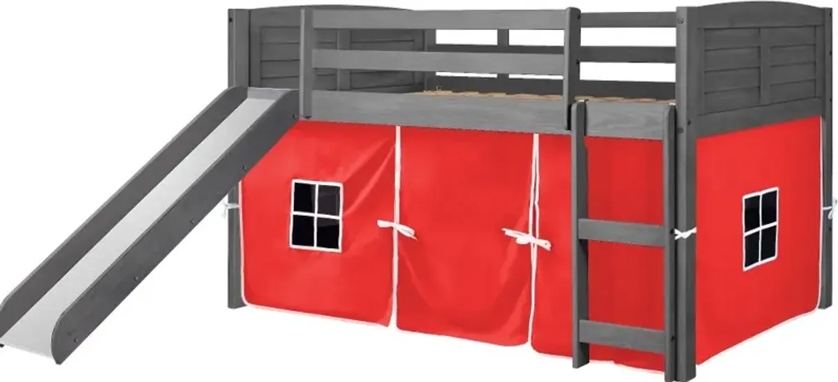 Louver Antique Gray Twin Loft Bed with Red Tent and Slide
