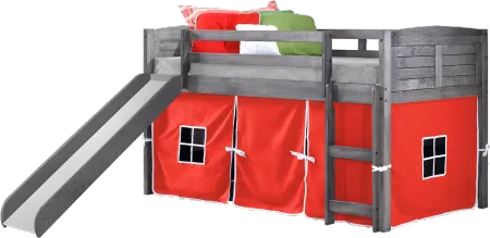 Louver Antique Gray Twin Loft Bed with Red Tent and Slide