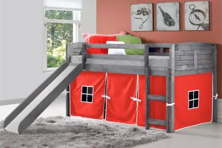 Louver Antique Gray Twin Loft Bed with Red Tent and Slide