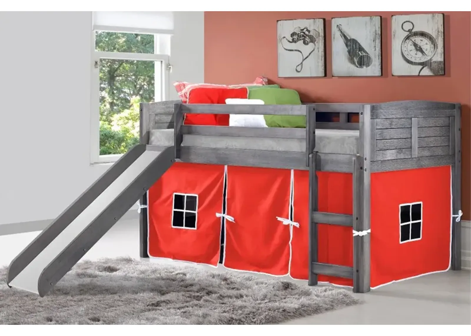 Louver Antique Gray Twin Loft Bed with Red Tent and Slide