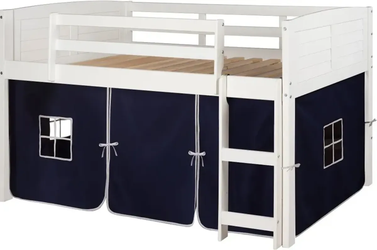 Louver White Twin Loft Bed with Navy Blue Tent