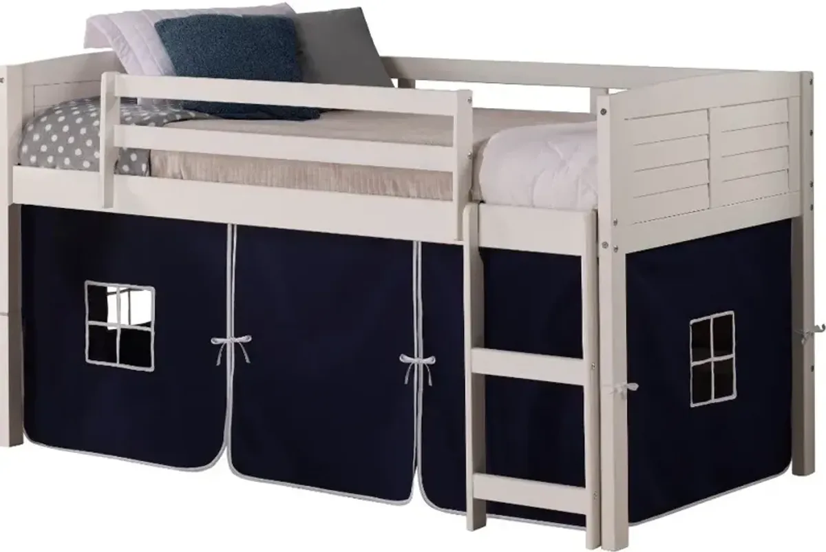 Louver White Twin Loft Bed with Navy Blue Tent