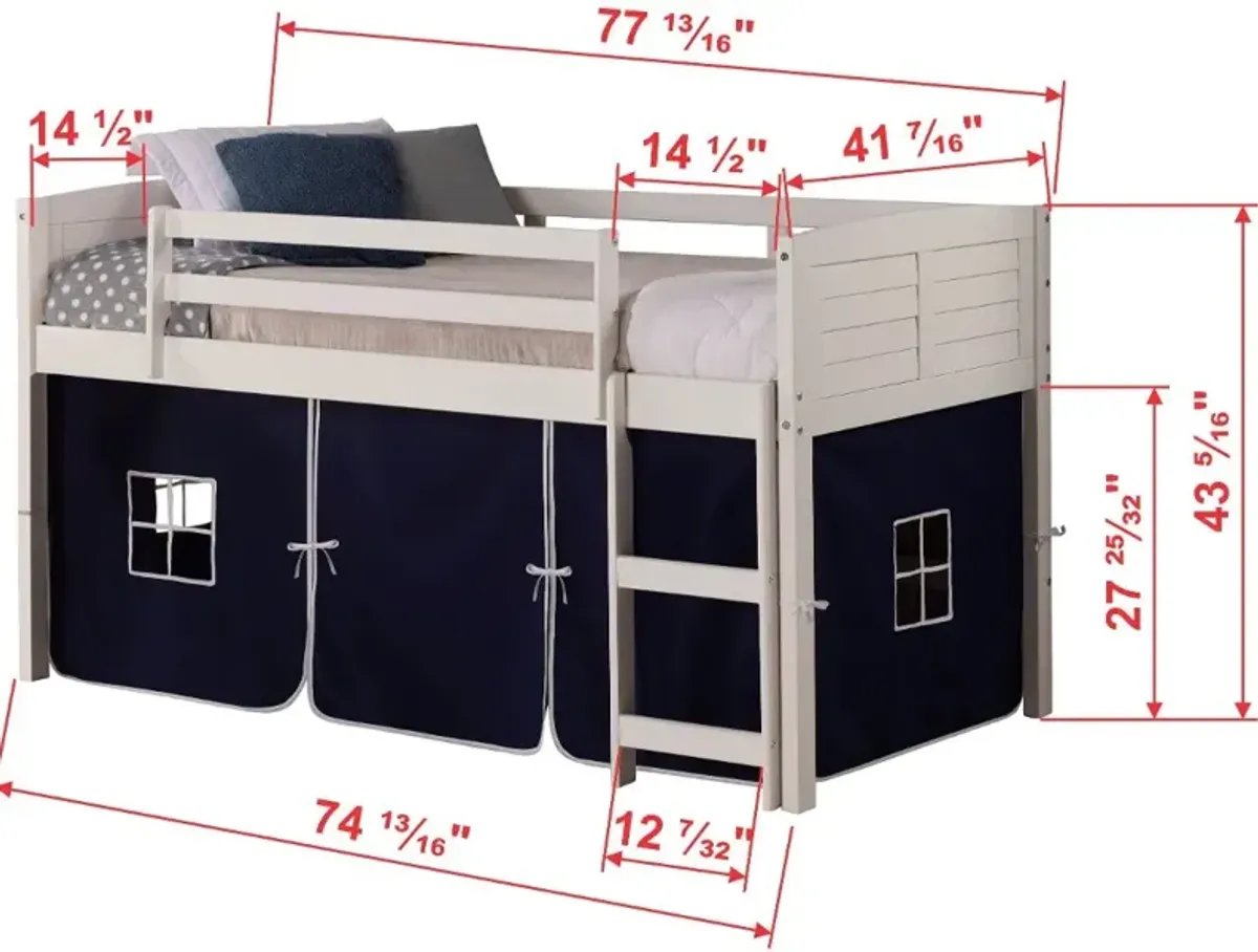 Louver White Twin Loft Bed with Navy Blue Tent