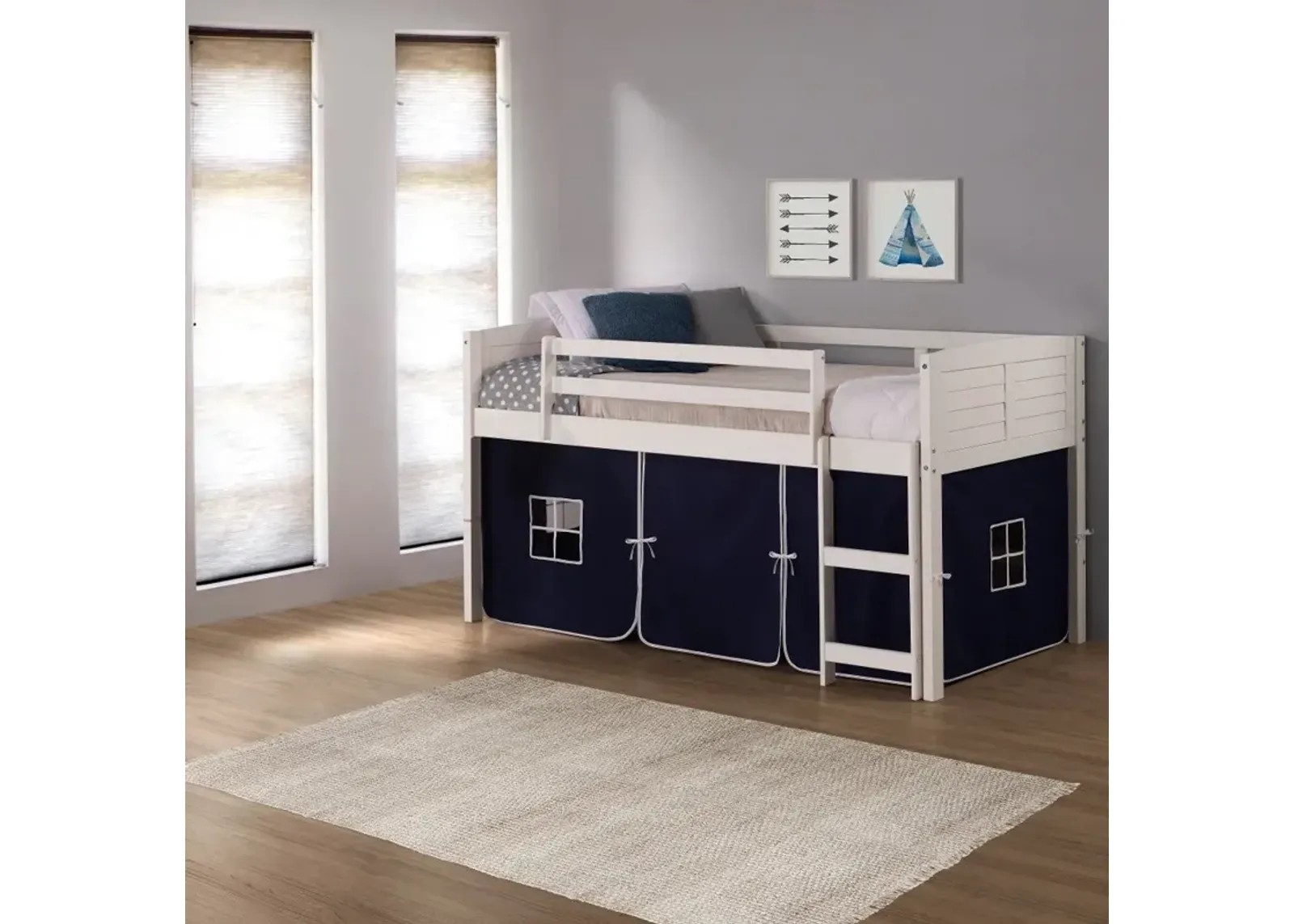 Louver White Twin Loft Bed with Navy Blue Tent