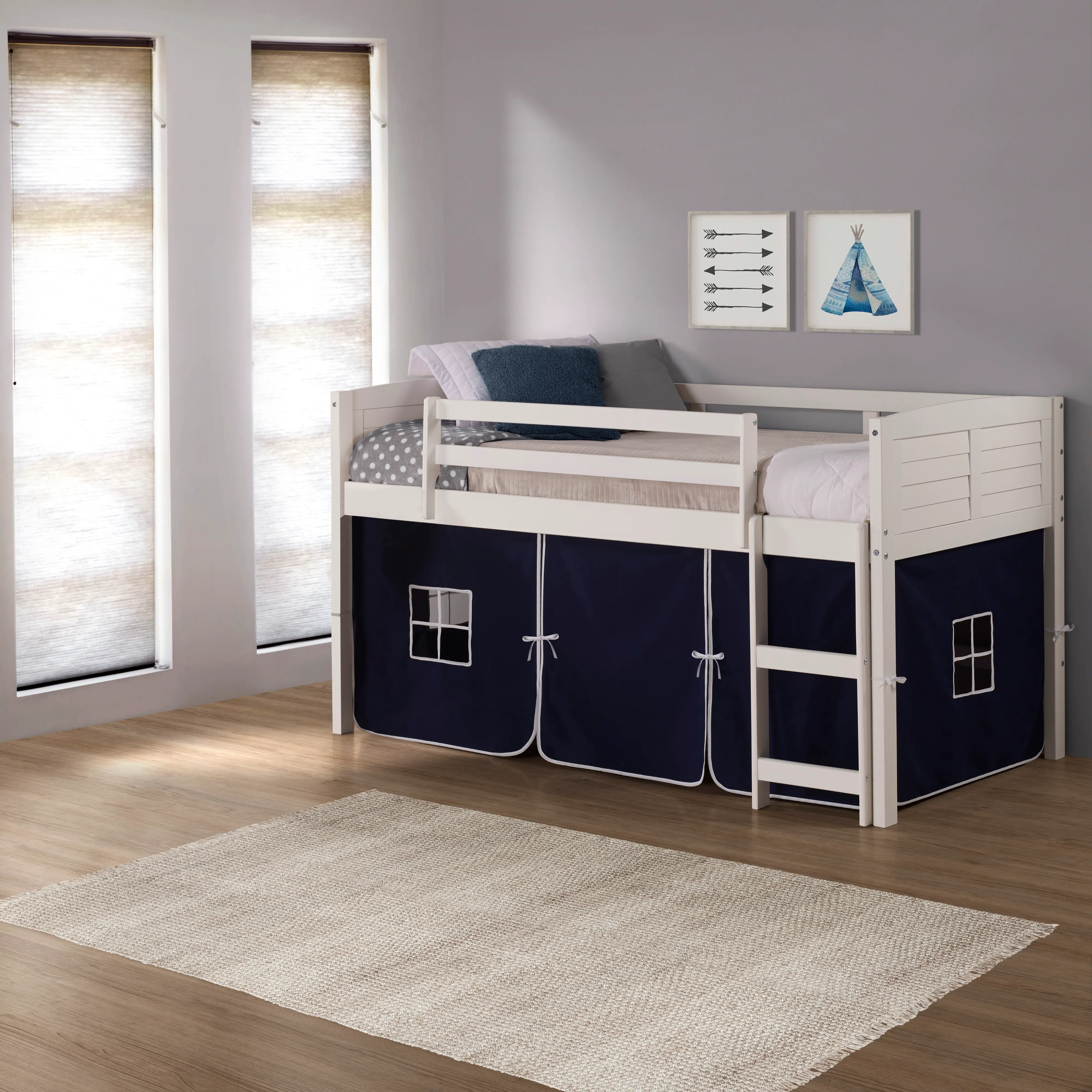 Louver White Twin Loft Bed with Navy Blue Tent