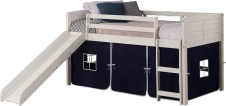 Louver White Twin Loft Bed with Navy Blue Tent and Slide