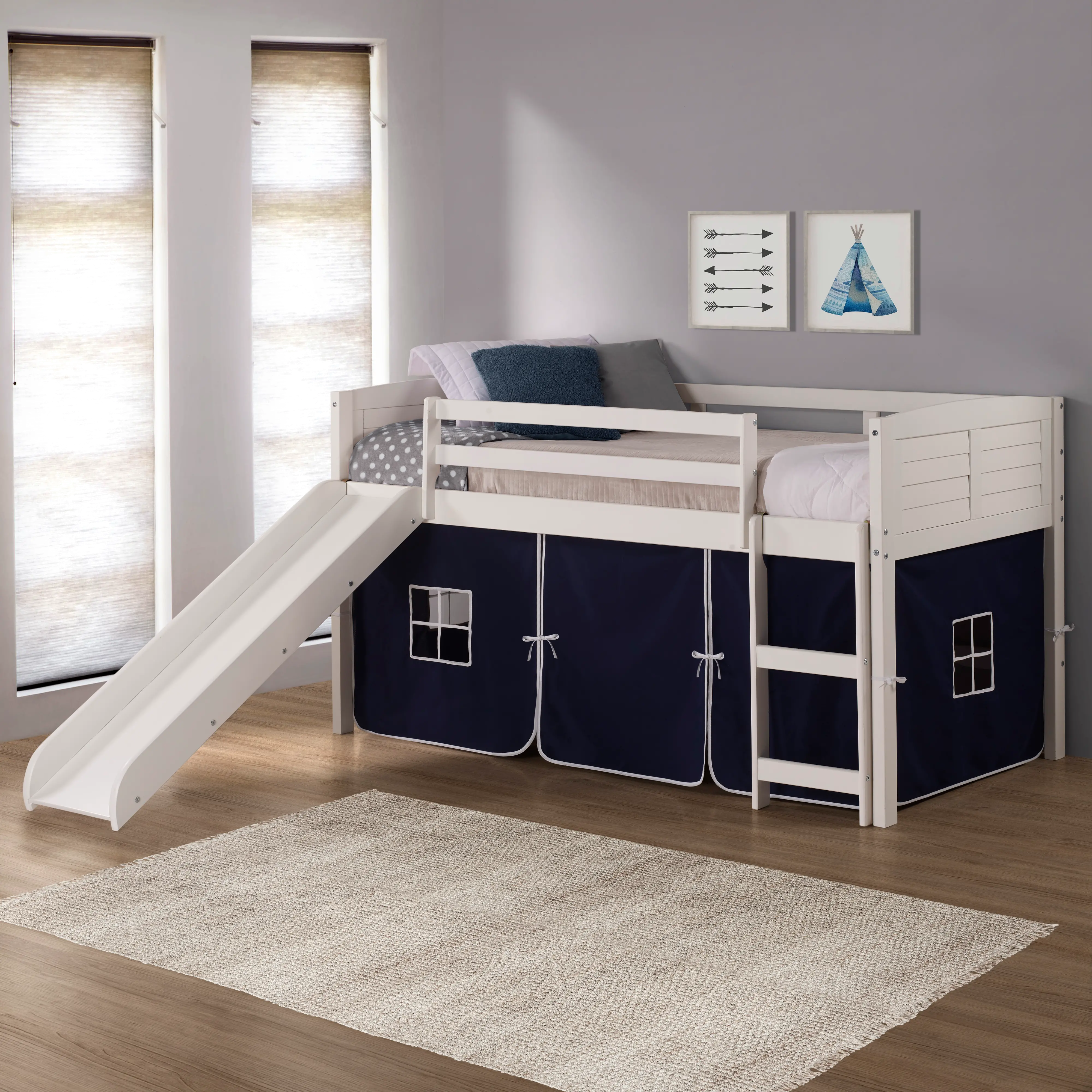 Louver White Twin Loft Bed with Navy Blue Tent and Slide