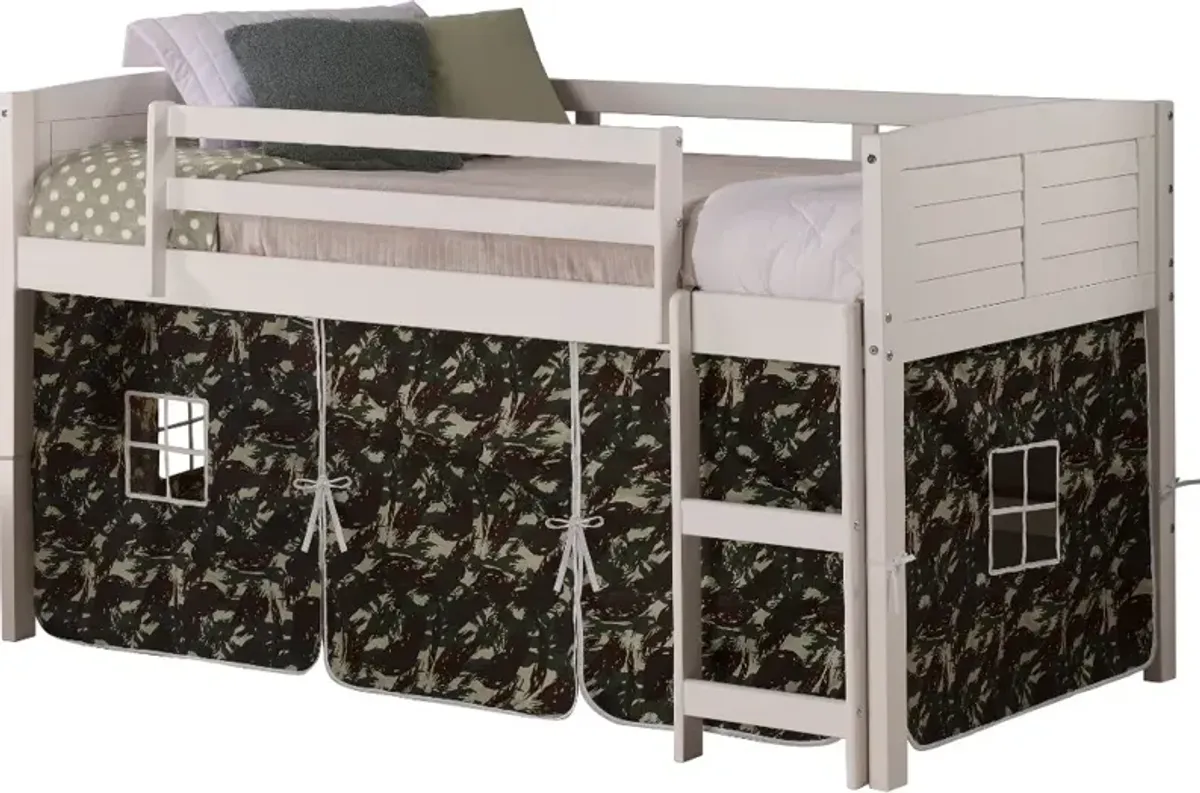 Louver White Twin Loft Bed with Camo Tent