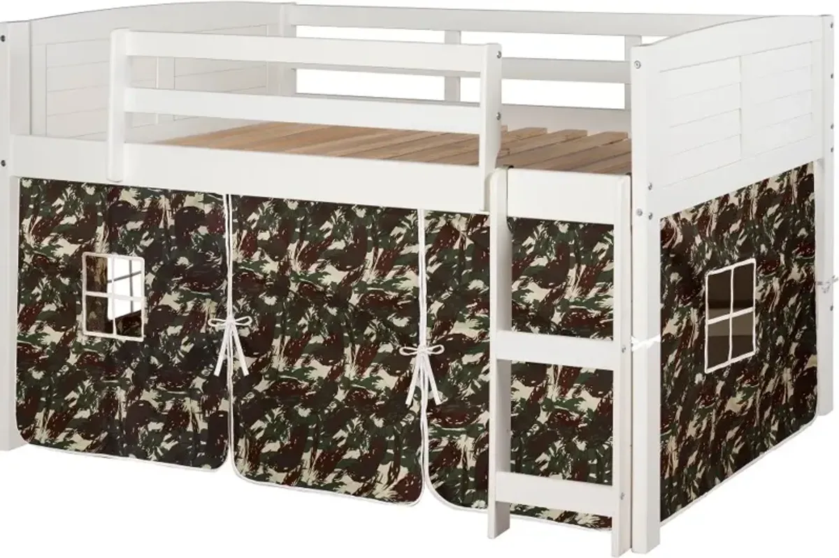 Louver White Twin Loft Bed with Camo Tent