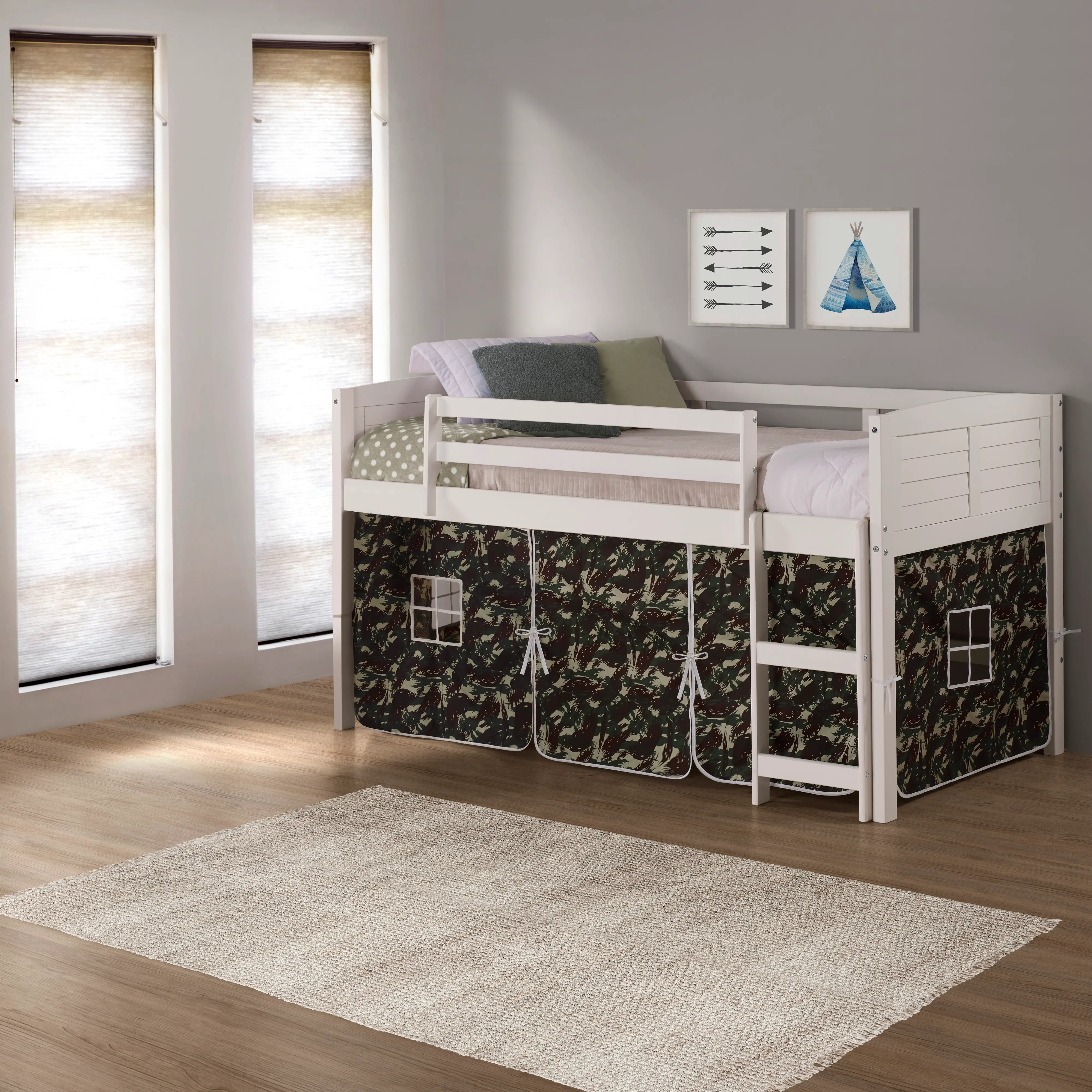 Louver White Twin Loft Bed with Camo Tent