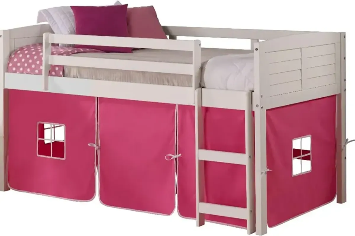 Louver White Twin Loft Bed with Pink Tent